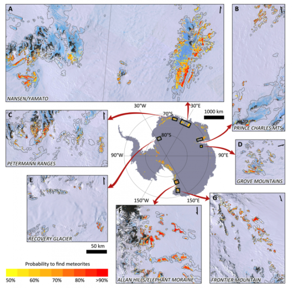 El mapa muestra muchos sitios de recolección de meteoritos antárticos inexplorados