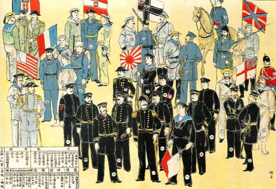 Grabado en madera japonés que representa a las tropas de la Alianza de Ocho Naciones