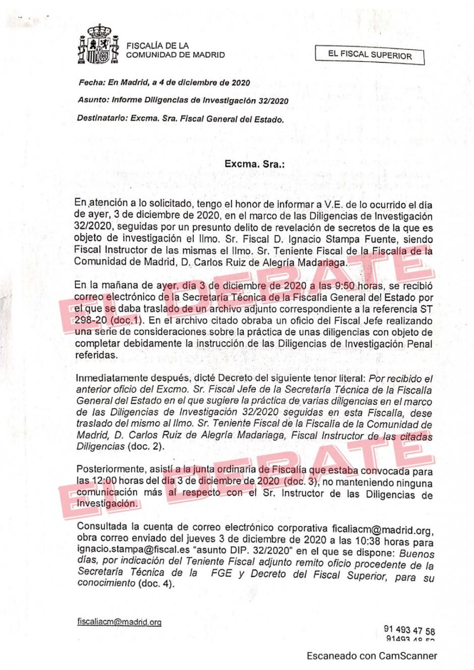 Primera página de la comunicación enviada por el fiscal Caballero Klink a Dolores Delgado, informando del estado del caso Stampa