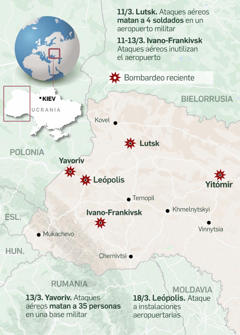 Mapa de bombardeos rusos en el occidente de Ucrania al 18 de marzo