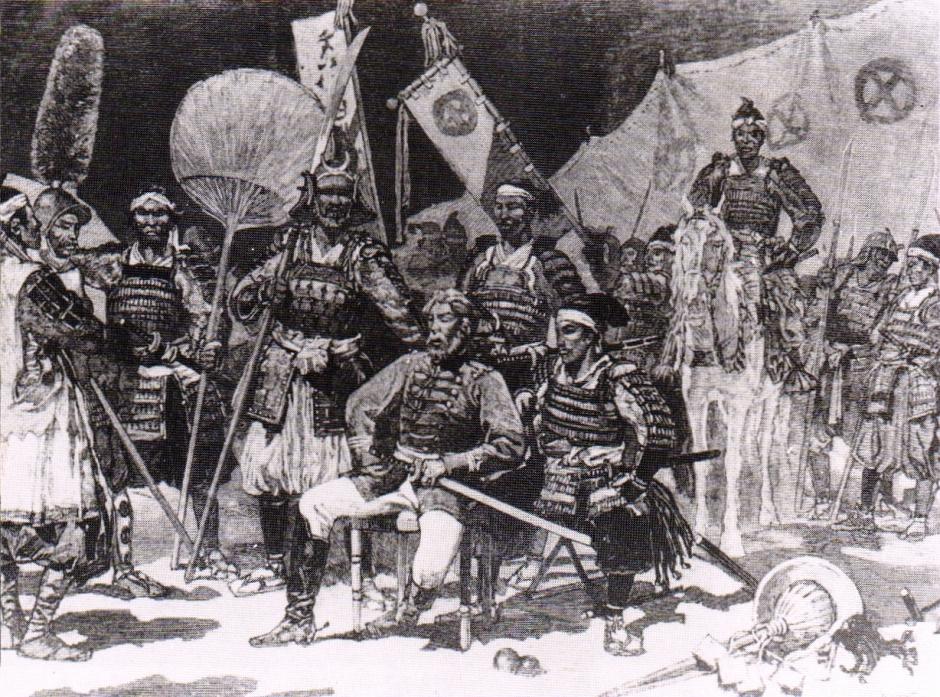 Saigō Takamori (sentado, con uniforme occidental), rodeado de sus oficiales. Artículo en el periódico "Le Monde Illustré", 1877