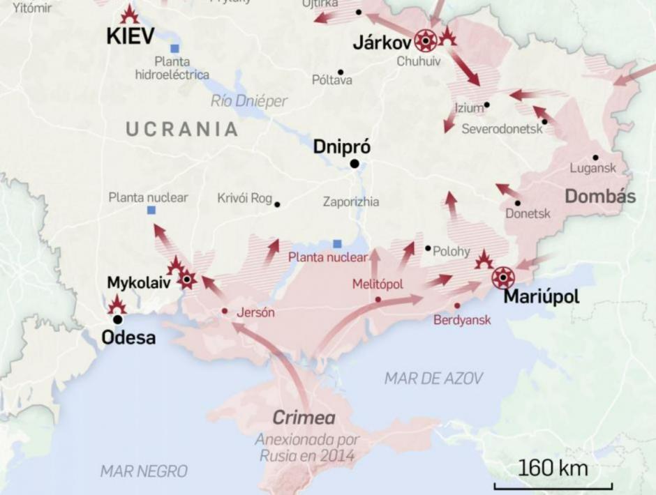 Mapa del sur Ucrania y situación bélica el 18 de marzo