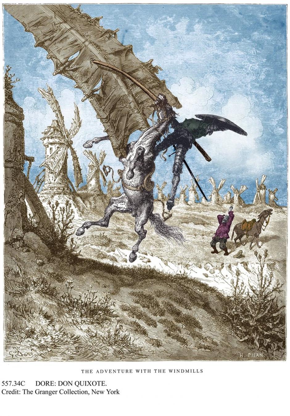 Don Quijote lucha contra un molino de viento pensando que es un gigante. Grabado coloreado basado en uno de Gustave Doré