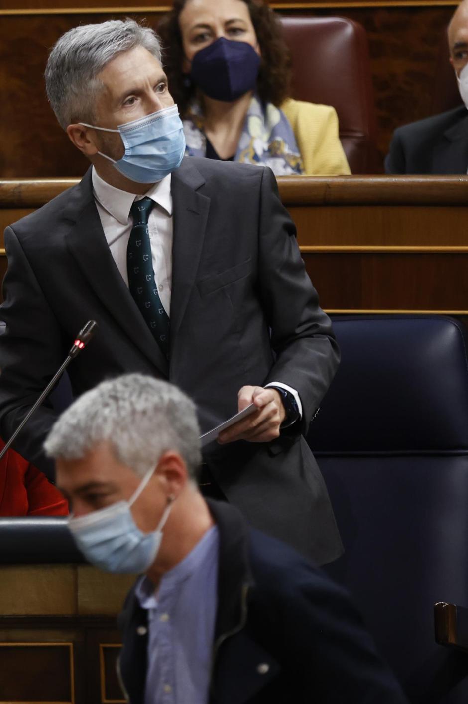 El ministro del Interior, Fernando Grande-Marlaska, junto al diputado del EH Bildu Oskar Matute (abajo) durante la sesión de control celebrada este miércoles en el Congreso de los Diputados