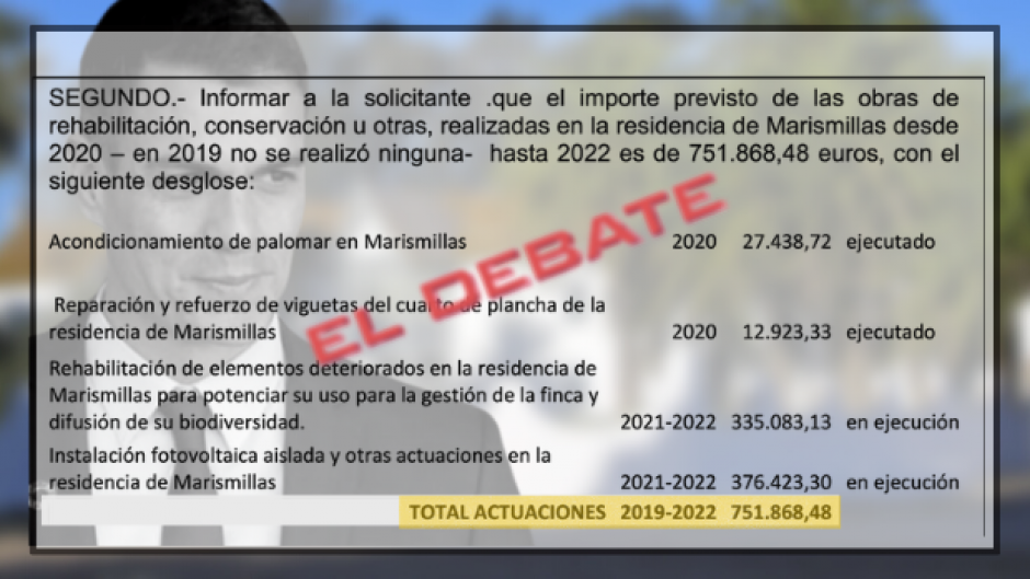 Extracto del documento oficial de Parques Nacionales donde se reconoce un gasto de 751.868 en mejorar el palacio usado por Pedro Sánchez para veranear