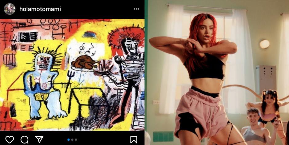 Cuadro 'Rice and chicken', de Basquiat, y fotograma del videoclip de 'Chicken Teriyaki', de Rosalía