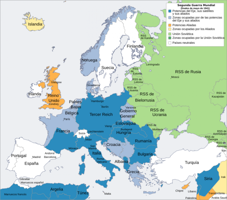 Situación geopolítica de Europa en 1941: en tonos azulados la Alemania nazi y países bajo su control