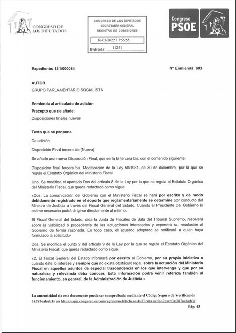 Enmienda del PSOE al Proyecto del Gobierno de reforma de la Ley Concursal