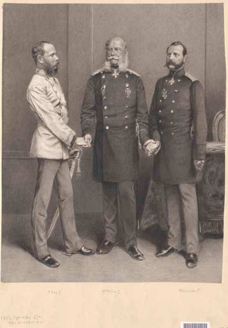 De izquierda a derecha: Francisco José I , Guillermo I y Alejandro II el 22 de octubre de 1873 en el Palacio de Schönbrunn