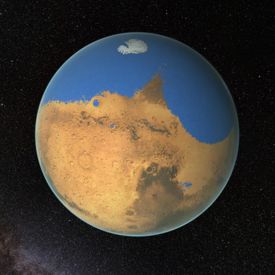 Imagen de la agencial espacial norteamericana que muestra cómo fueron los océanos en Marte