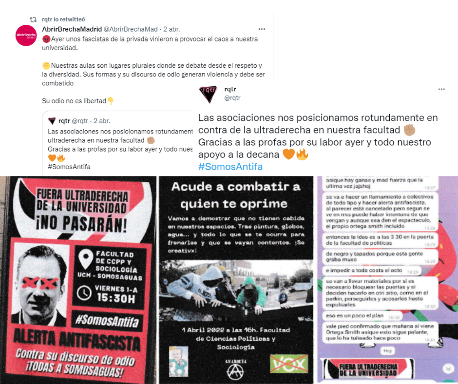 Arriba, pantallazo de redes sociales de plataformas "antifascistas arriba". Abajo, pantallazo de las contramanifestaciones reflejadas en la solicitud de Plataforma 711 a la Delegación de Gobierno de Madrid del pasado 1 de abril