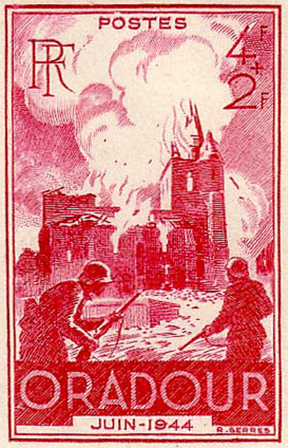 Sello benéfico francés que conmemora el primer aniversario de la destrucción de Oradour-sur-Glane (1945)