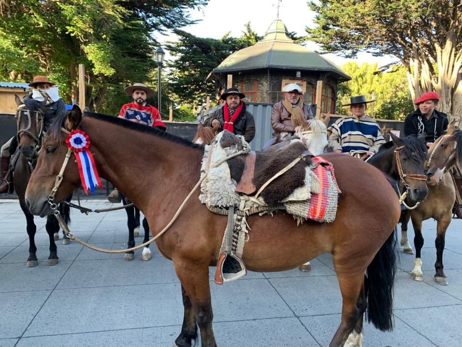 El caballo de Andrés Montero, engalanado, y algunos de sus compañeros de travesía