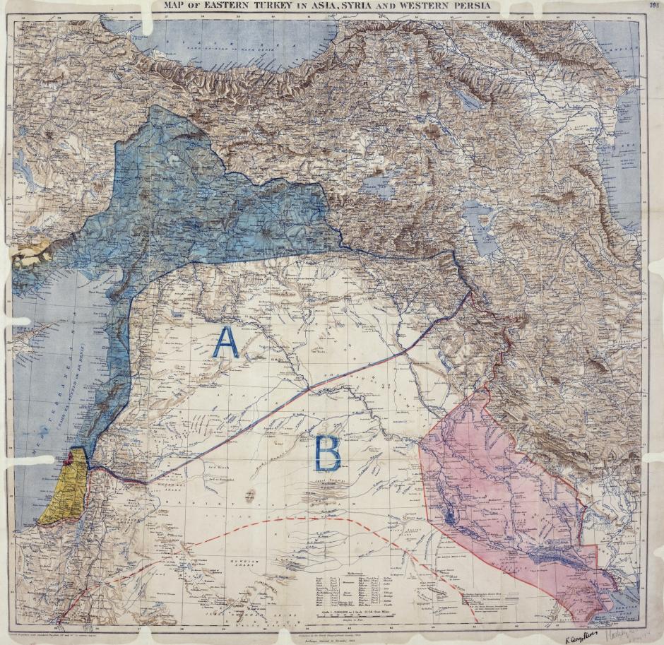 Mapa del Acuerdo Sykes-Picot que muestra el este de Turquía en Asia, Siria y el oeste de Persia, y las áreas de control e influencia acordadas entre británicos y franceses