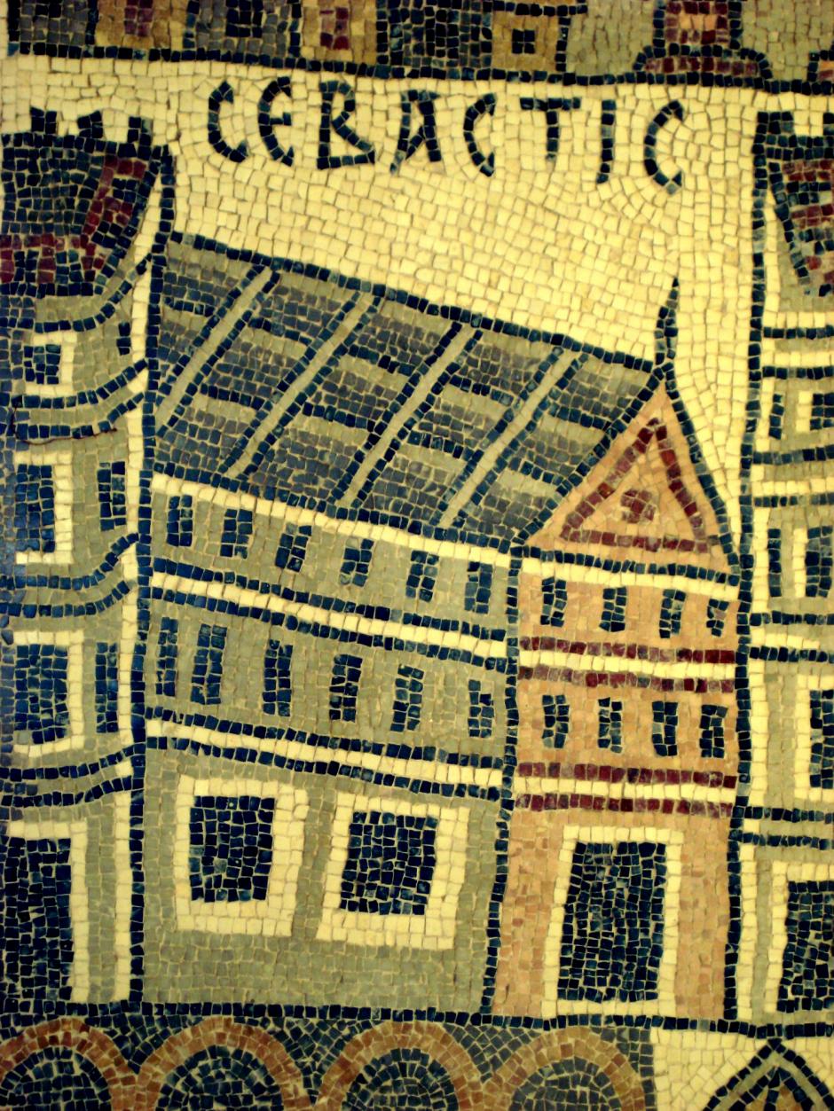 Mosaico del año 785 que muestra la antigua ciudad de Sebastia en la Iglesia de San Esteban en Umm Rasas, Jordania