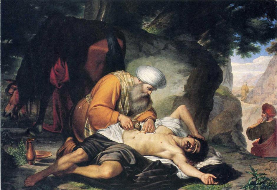 La parábola del buen samaritano, obra del artista italiano Giacomo Conti. Iglesia de la Medalla Milagrosa, Mesina