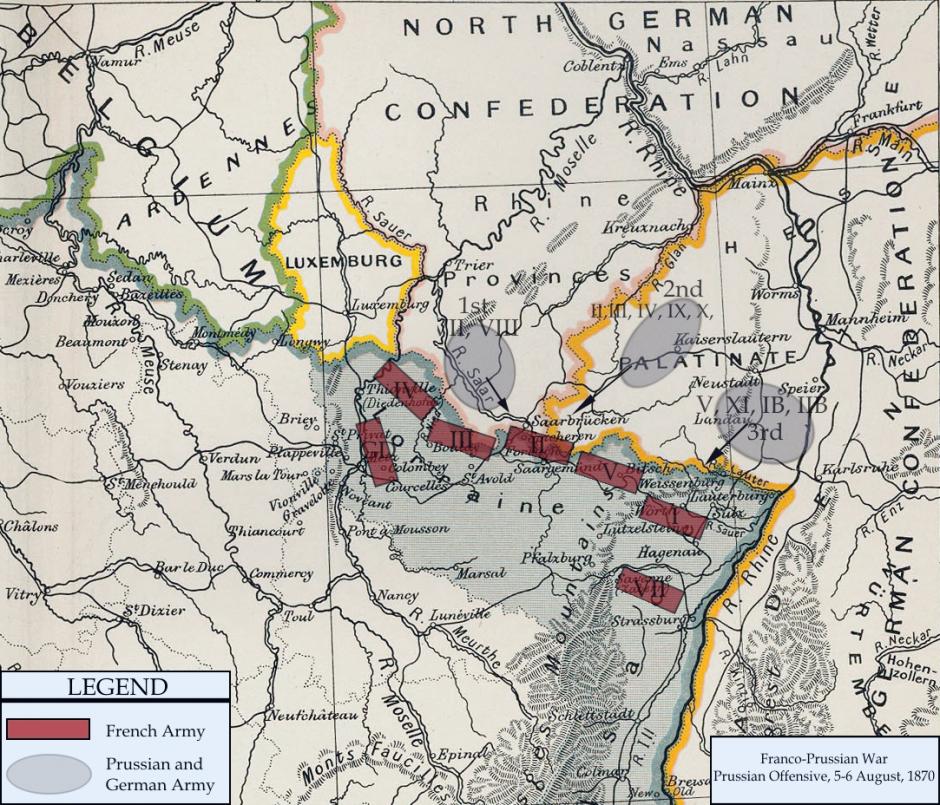 Mapa de las ofensivas prusiana y alemana, 5 a 6 de agosto de 1870
