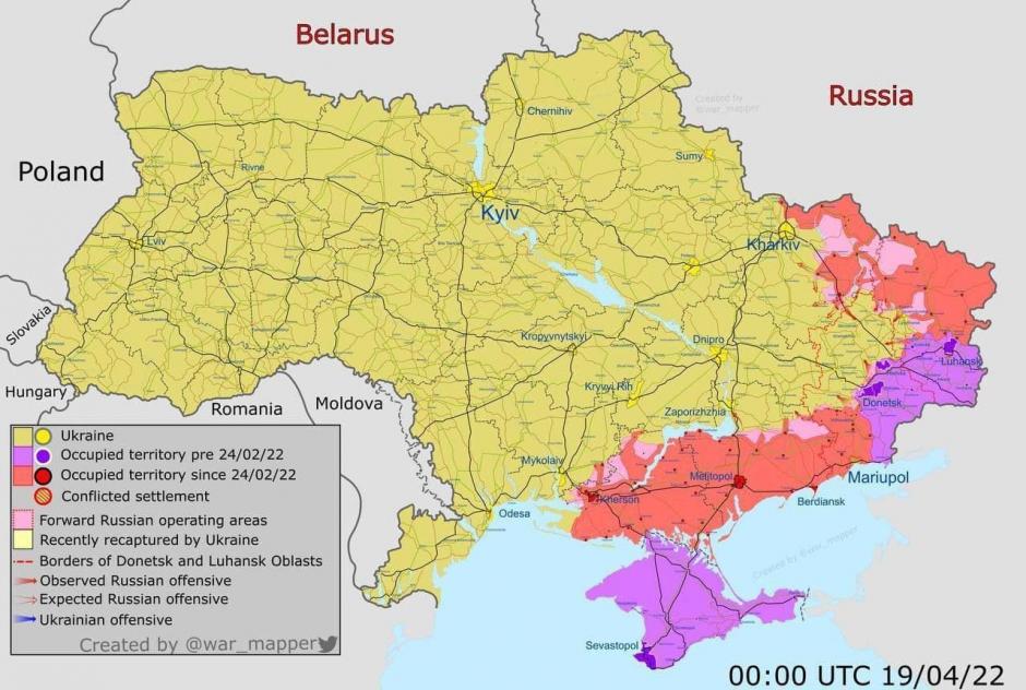 Mapa de la ocupación de Ucrania a 19 de abril