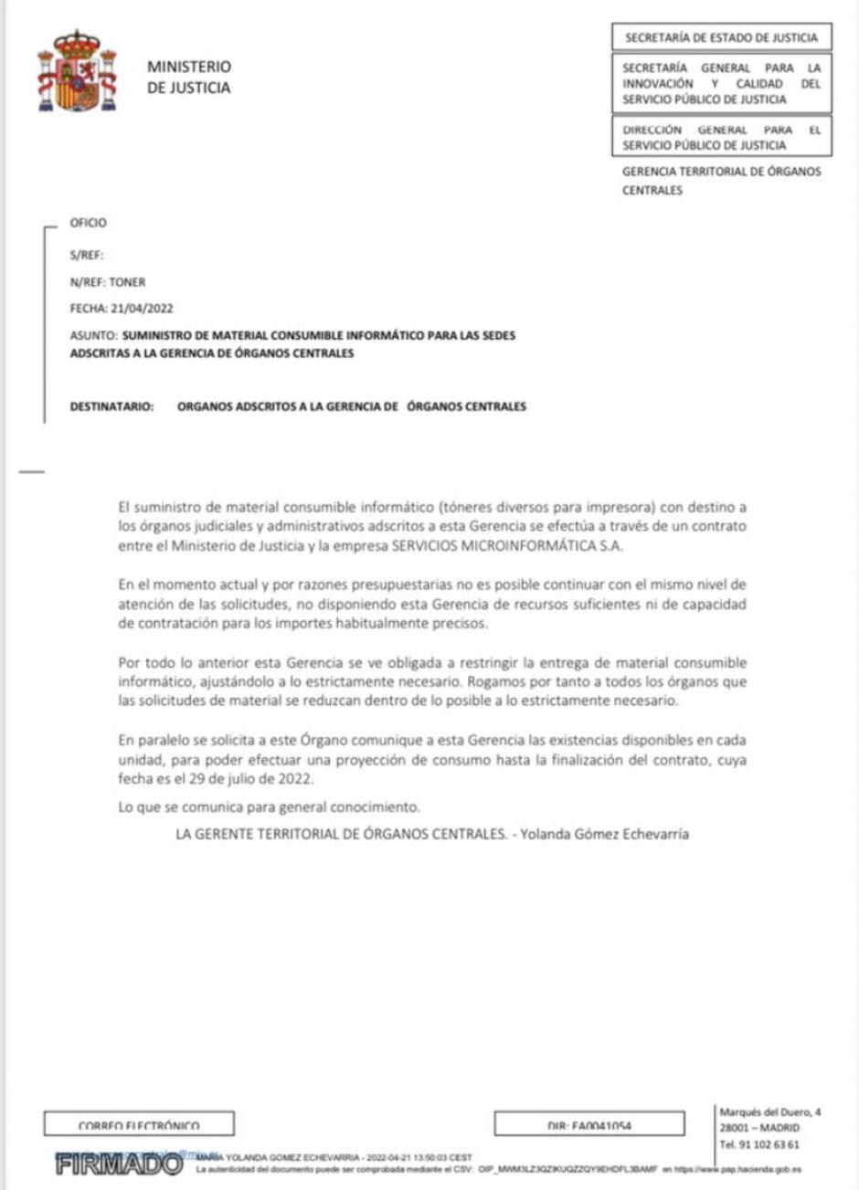 Nota de restricción de material informático remitida por la Gerencia Territorial de Órganos Centrales del Ministerio de Justicia