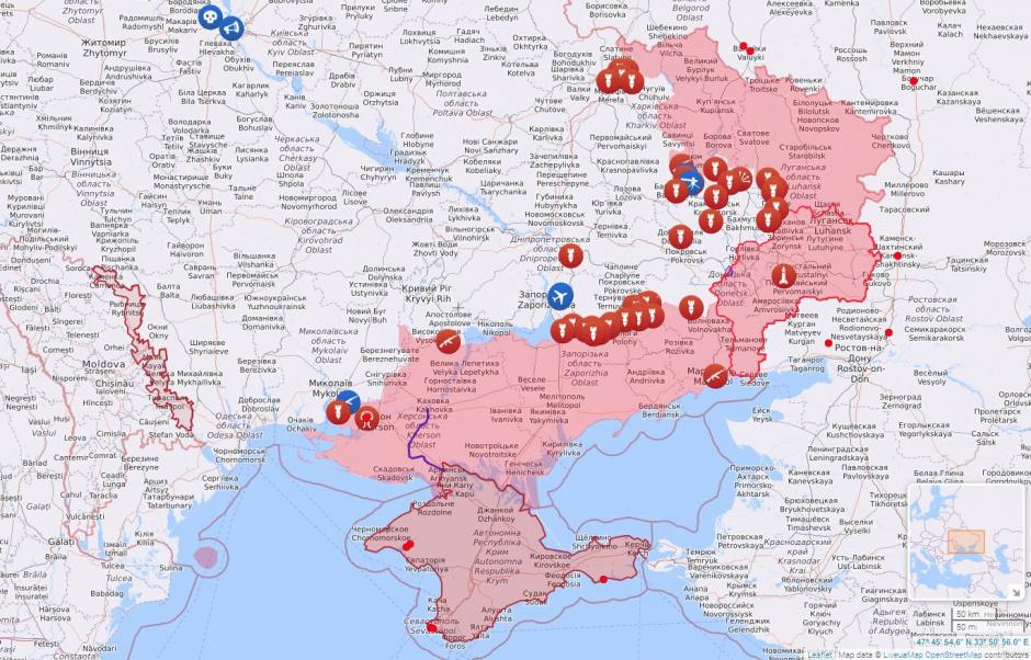Mapa en tiempo real de la guerra en Ucrania, a 23 de abril, con Transnistria (en rojo), a la izquierda