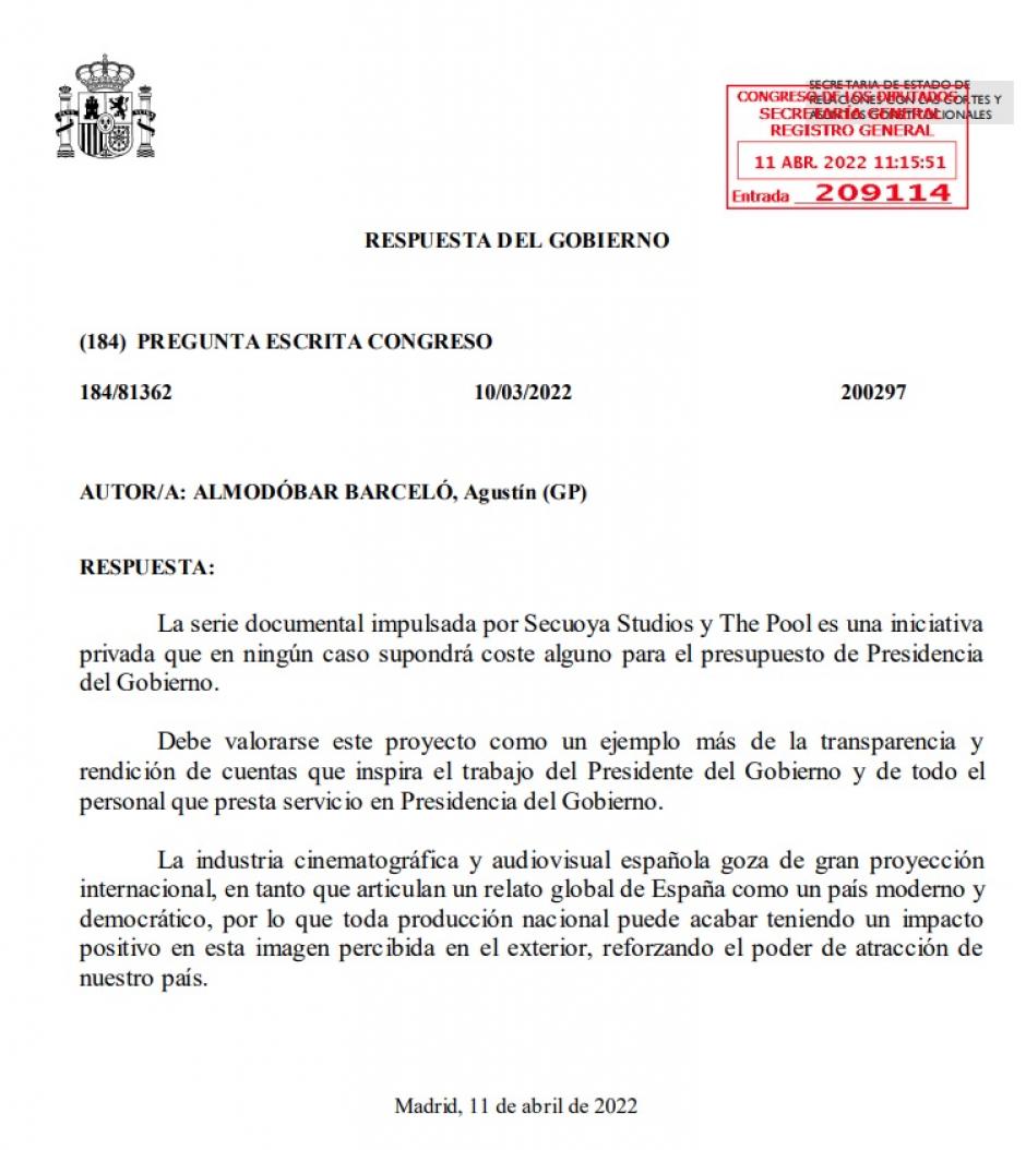 La respuesta que el Gobierno ha enviado al diputado Agustín Almodóvar