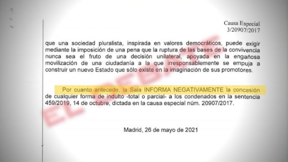 Fragmento del informe de la Fiscalía del Supremo rechazando los indultos que pese a todo Sánchez concedió