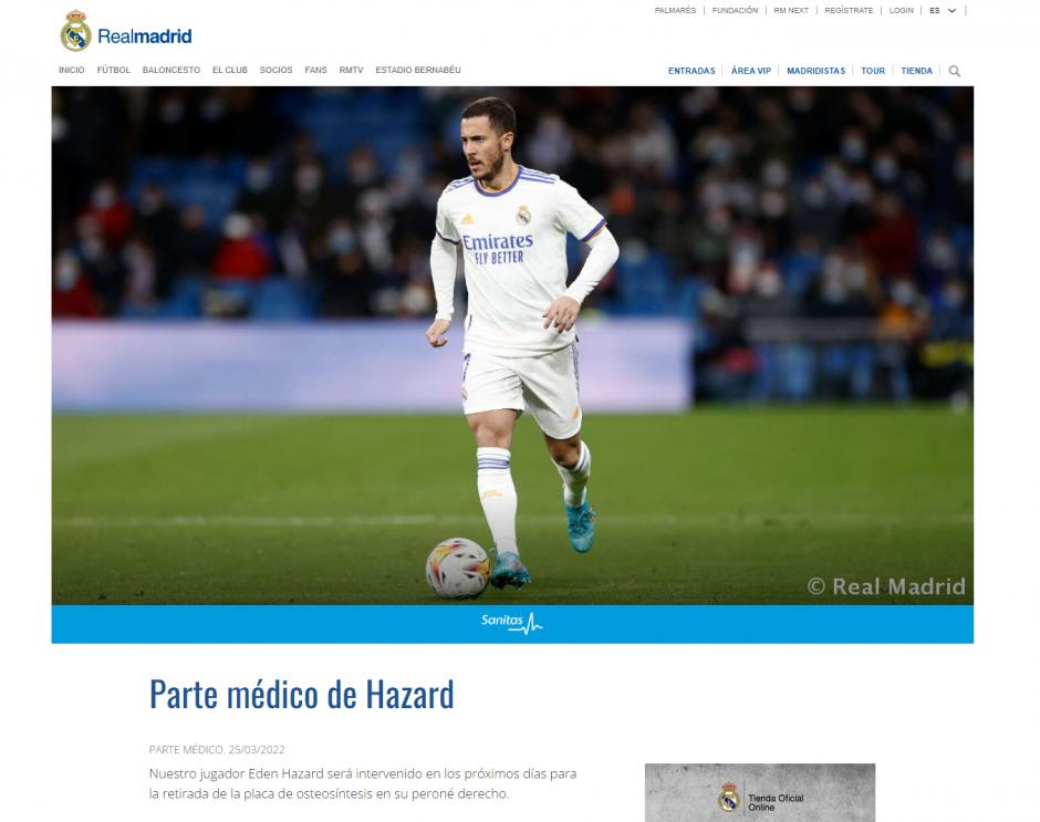 A finales del mes de marzo, el Real Madrid anunciaba que Hazard volvía a pasar por el quirófano, esta vez para retirar la placa de su tobillo. Nuevo curso prácticamente en blanco para el futbolista belga