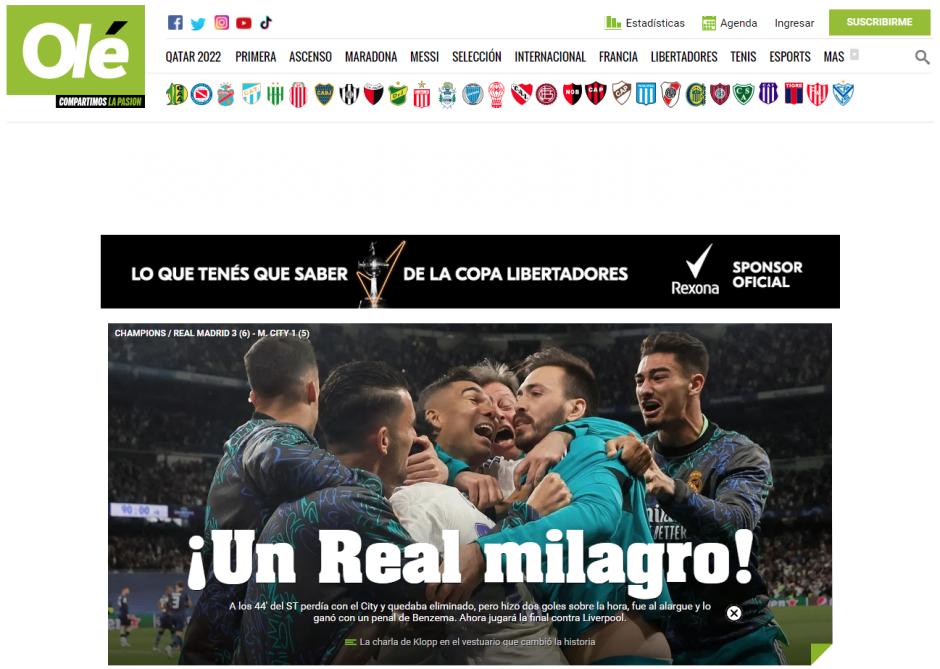 Portada de la versión digital de diario Olé