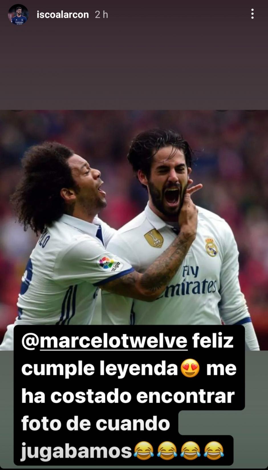 Captura de la felicitación de Isco a Marcelo en Instagram