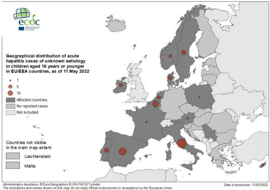 Distribución geográfica de los casos de hepatitis en la UE