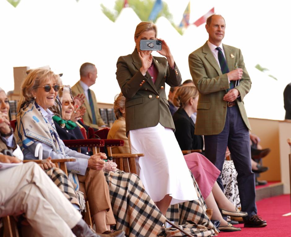 Queen Elizabeth II with the Earl and Countess of Wessex in the royal box at the Royal Windsor Horse Show, Windsor. Picture date: Friday May 13, 2022. *** Local Caption *** .