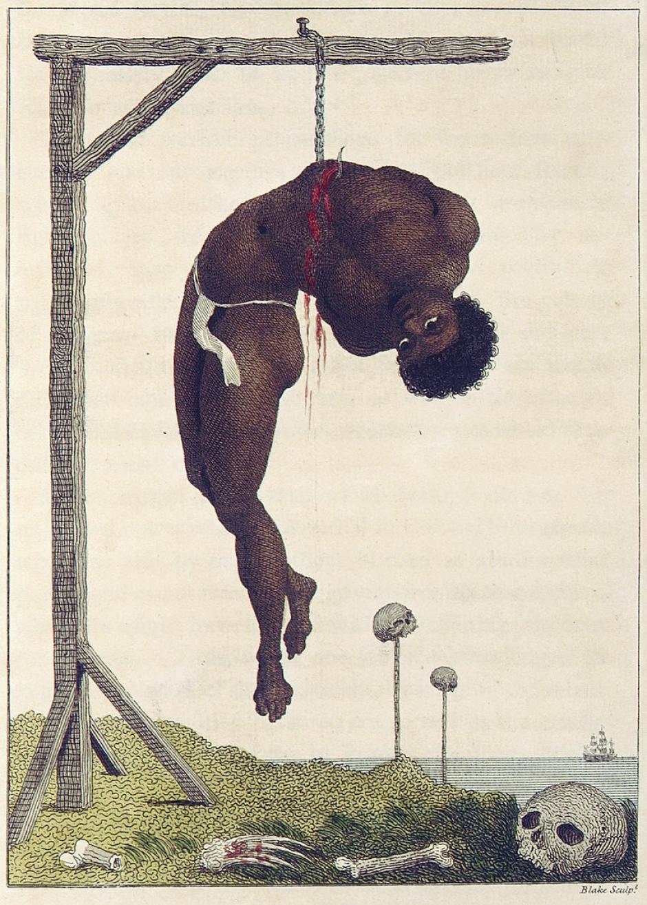 Esclavo pendiendo de un gancho en la Guyana, ilustrado por William Blake