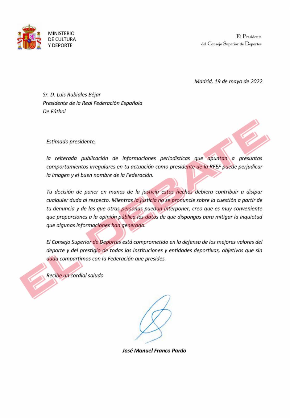 Carta del presidente del CSD, José Manuel Franco, a Luis Rubiales