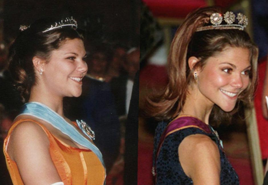 Sweden's Crown Princess Victoria is seen in a 1996 file photo, left, and at another ball in November 1997, right, in this two picture combo from files. She looked much thinner than usual, the royal household admitted Victoria was suffering from an unspecified eating disorder.