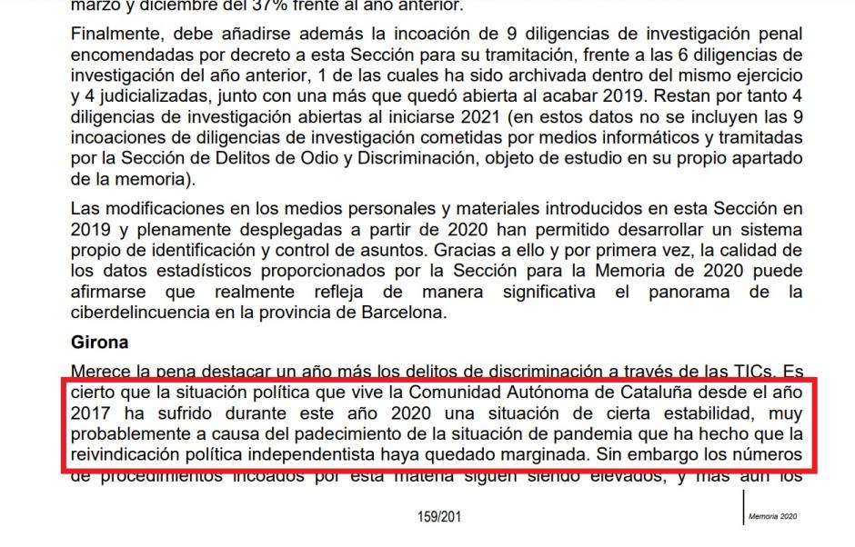 Extracto de la Memoria de la Fiscalía Superior de Cataluña de 2020