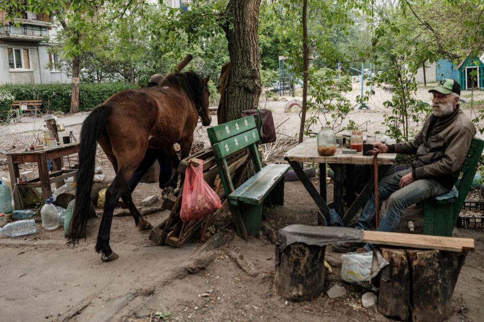 Un hombre sentado al aire libre junto a su caballo, entre los escombros.