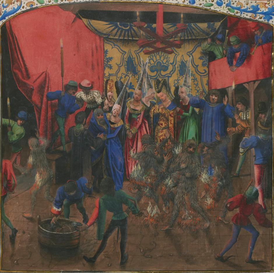 Bal des Ardents por el Maestro de Antonio de Borgoña (c. década de 1470), adelante se observa un bailarín dentro de una cuba de vino, Carlos arropado bajo la falda de la Duquesa de Berry en el centro a la derecha, y bailarines en llamas en el centro