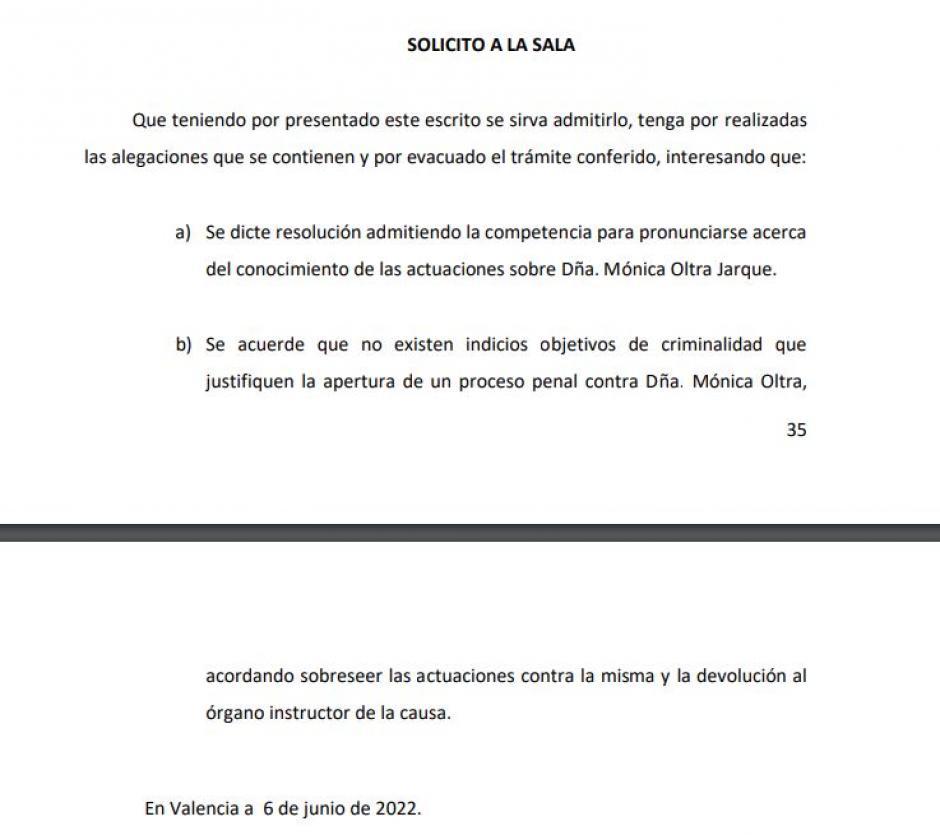 Parte del escrito presentado por Mónica Oltra contra la resolución de la Fiscalía