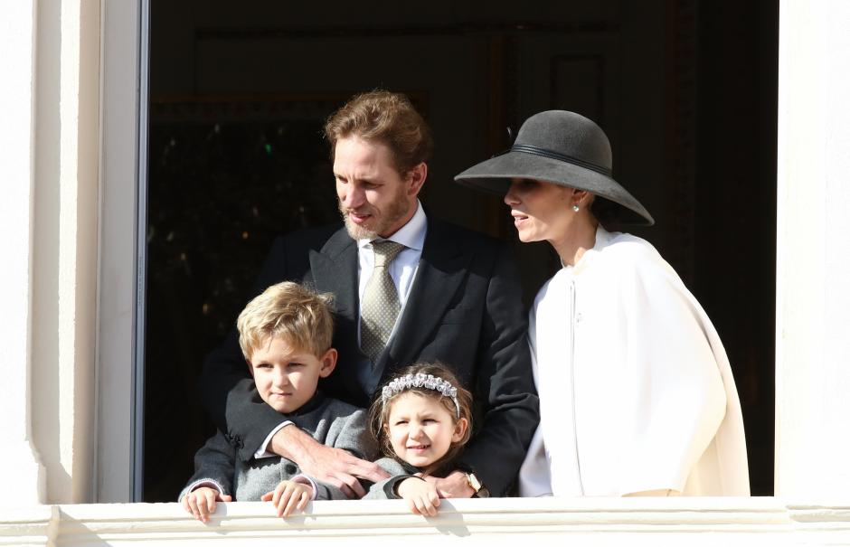 Andrea Casiraghi, with Tatiana SantoDomingo and sons Sacha et India on balcony during the ceremonies marking the National Day in Monaco, Tuesday, Nov.19, 2018.