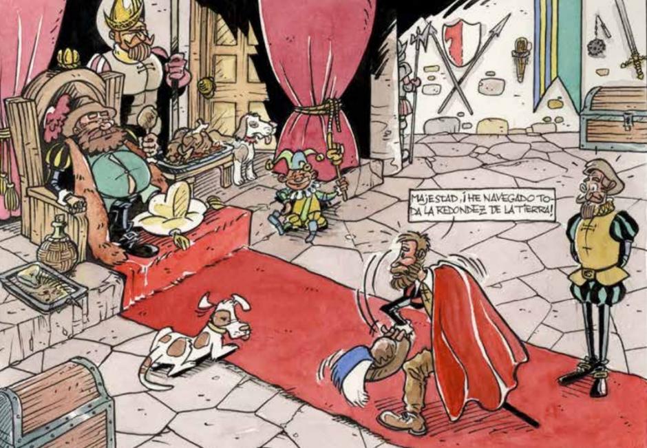 Escena del cómic dedicado a Juan Sebastián Elcano, donde el monarca no queda en buen lugar