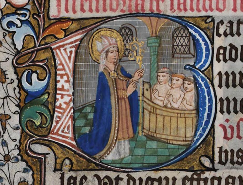 San Nicolás resucita a los tres niños, en un manuscrito iluminado de 1390