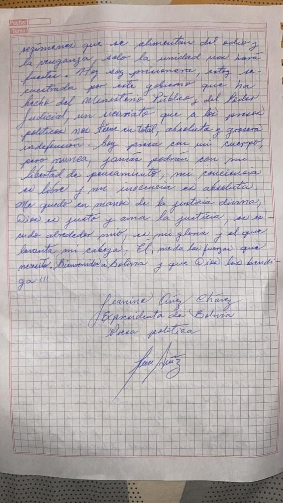 Carta de la ex presidenta. Janine Añez, desde su celda