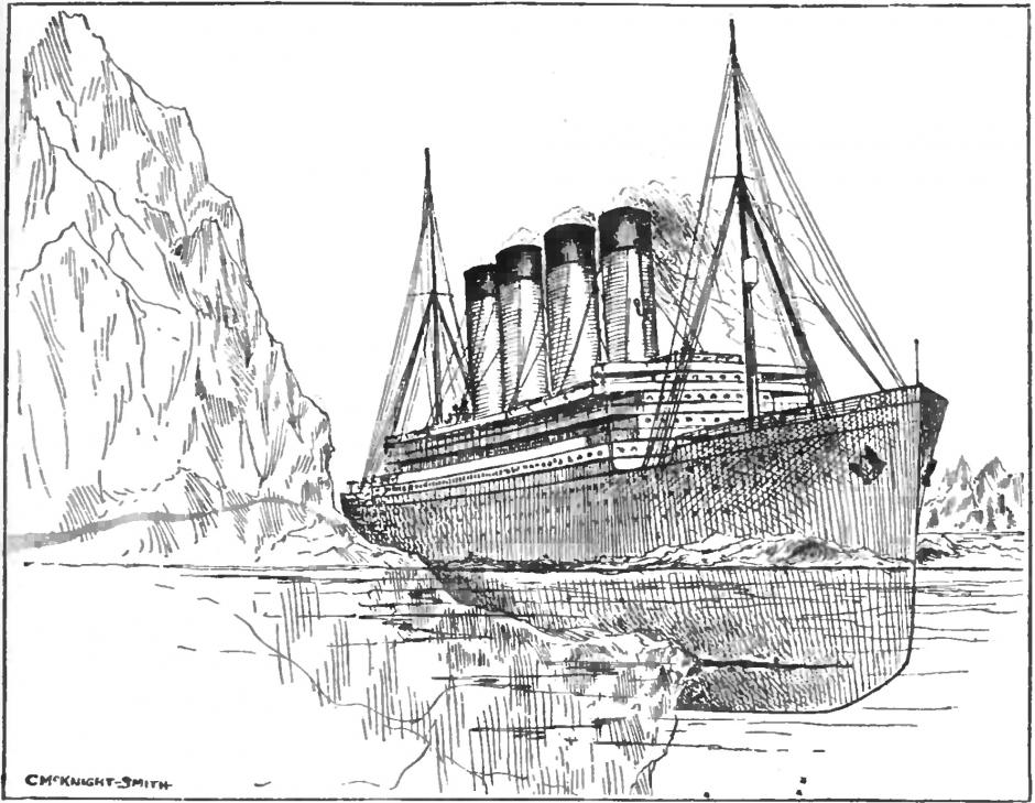 Ilustración de la época que muestra la hipótesis según la cual el iceberg ocasionó un corte en el casco del barco, esta hipótesis se contradice con el descubrimiento de los restos del naufragio en 1985