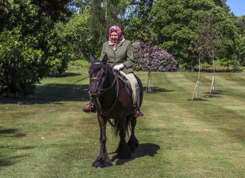 Britain's Queen Elizabeth II rides Balmoral Fern, a 14-year-old Fell Pony, in WindsorHomePark, in Windsor, England. Sunday May 31, 2020