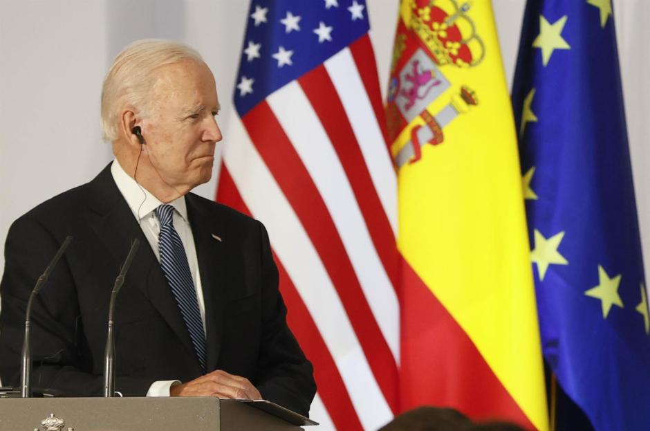 Joe Biden durante la rueda de prensa celebrada en La Moncloa tras su encuentro con el presidente español, Pedro Sánchez
