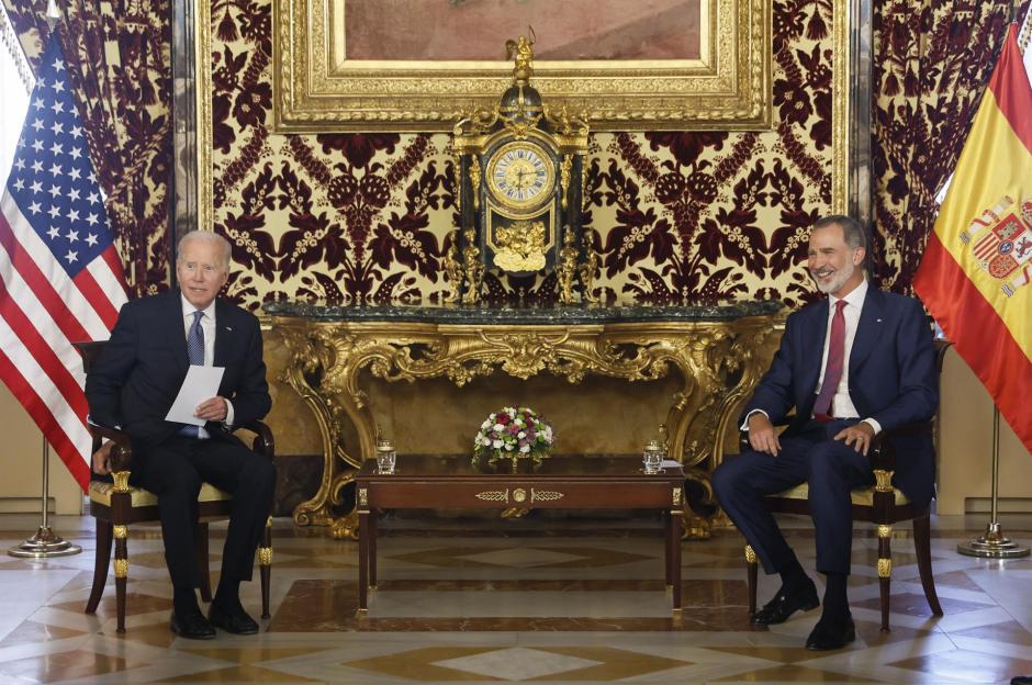 Durante el encuentro entre Felipe VI y Joe Biden, este martes en el Palacio Real de Madrid, el primero de ambos como Rey y presidente de EE.UU., respectivamente