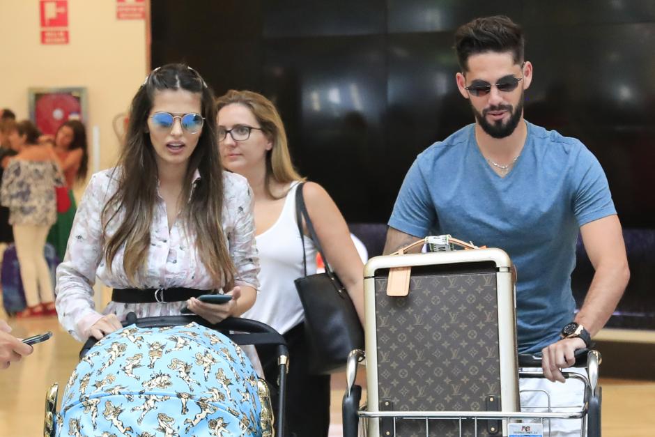 Soccer player Isco Alarcon and actress Sara Salamo with their son Theo in aiport Madrid on Saturday 31 August 2019.
