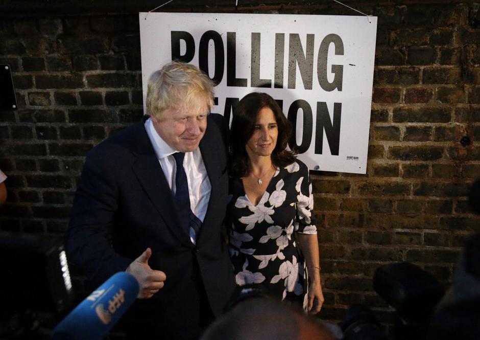 British MP Boris Johnson and Marina Wheeler after voting during European Referendum "Remain" in London, Thursday June 23, 2016.