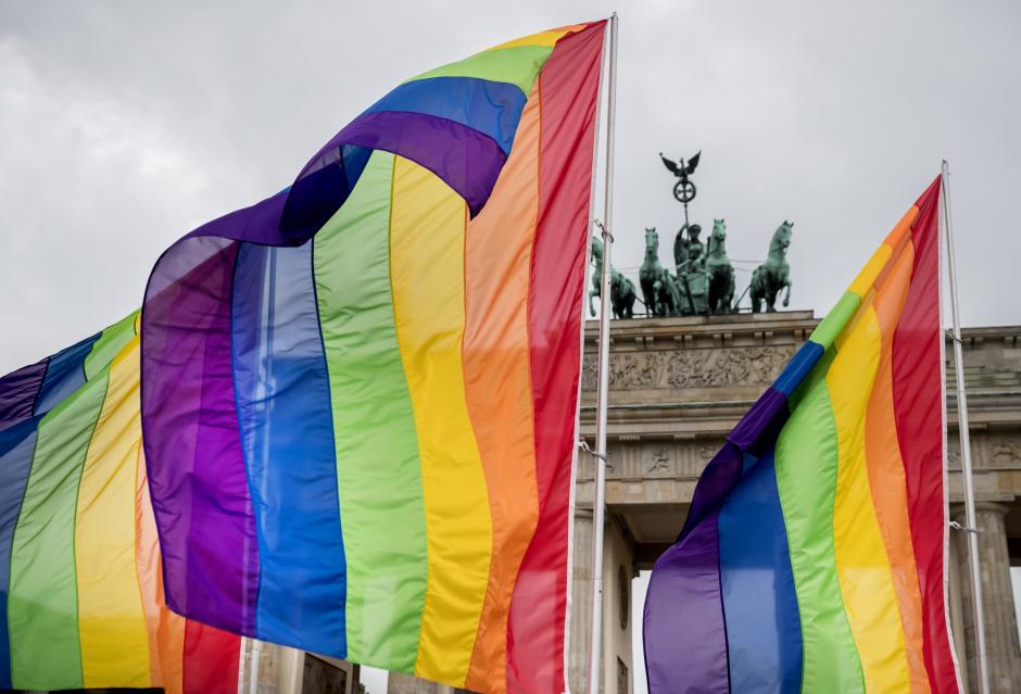 Rainbow flags in front of the Brandenburg Gate at an event organised by the SPD to celebrate the legalization of same-sex marriage in Berlin, Germany, 30 June 2017.