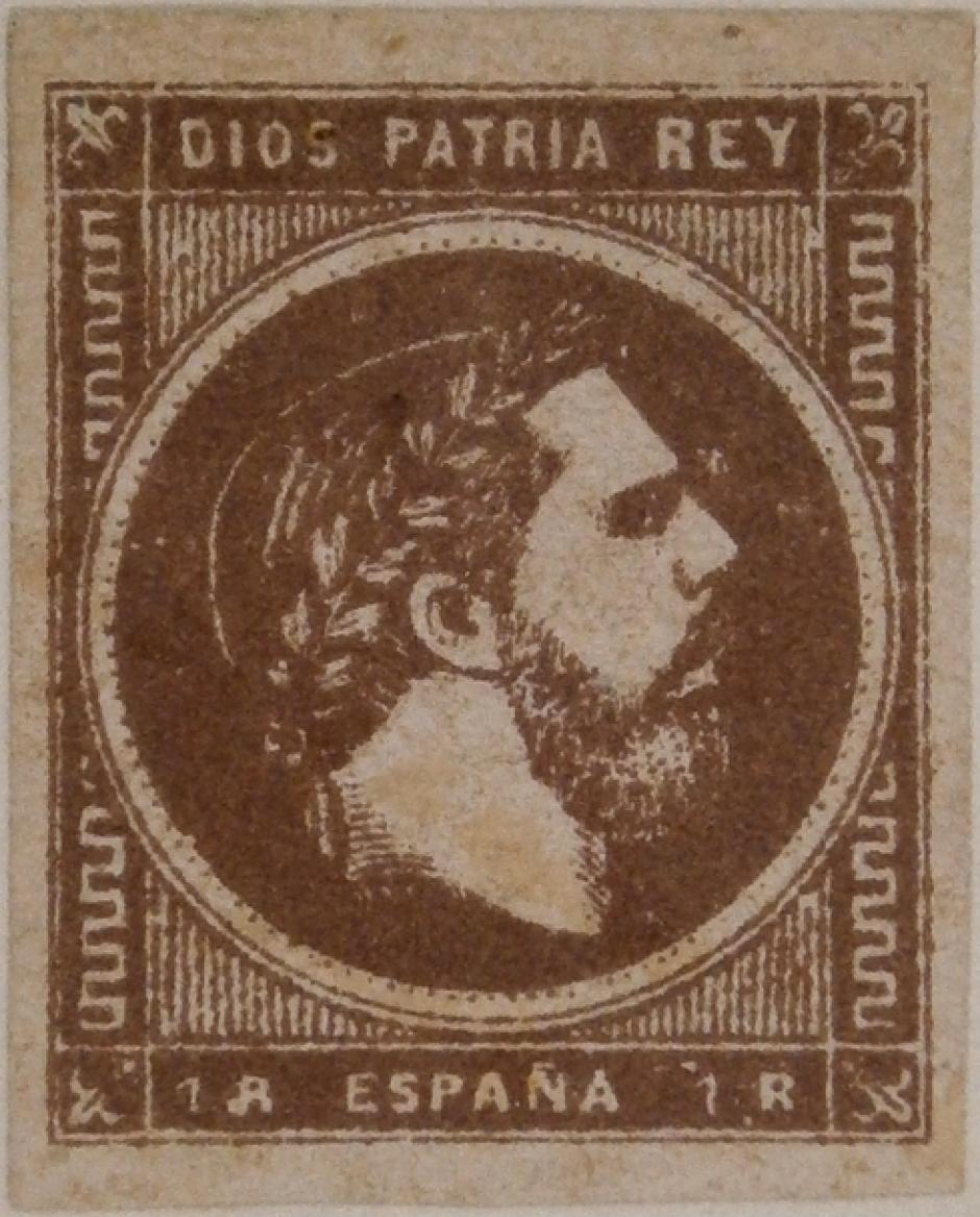 El trilema carlista en un sello emitido durante la tercera guerra carlista (1875)